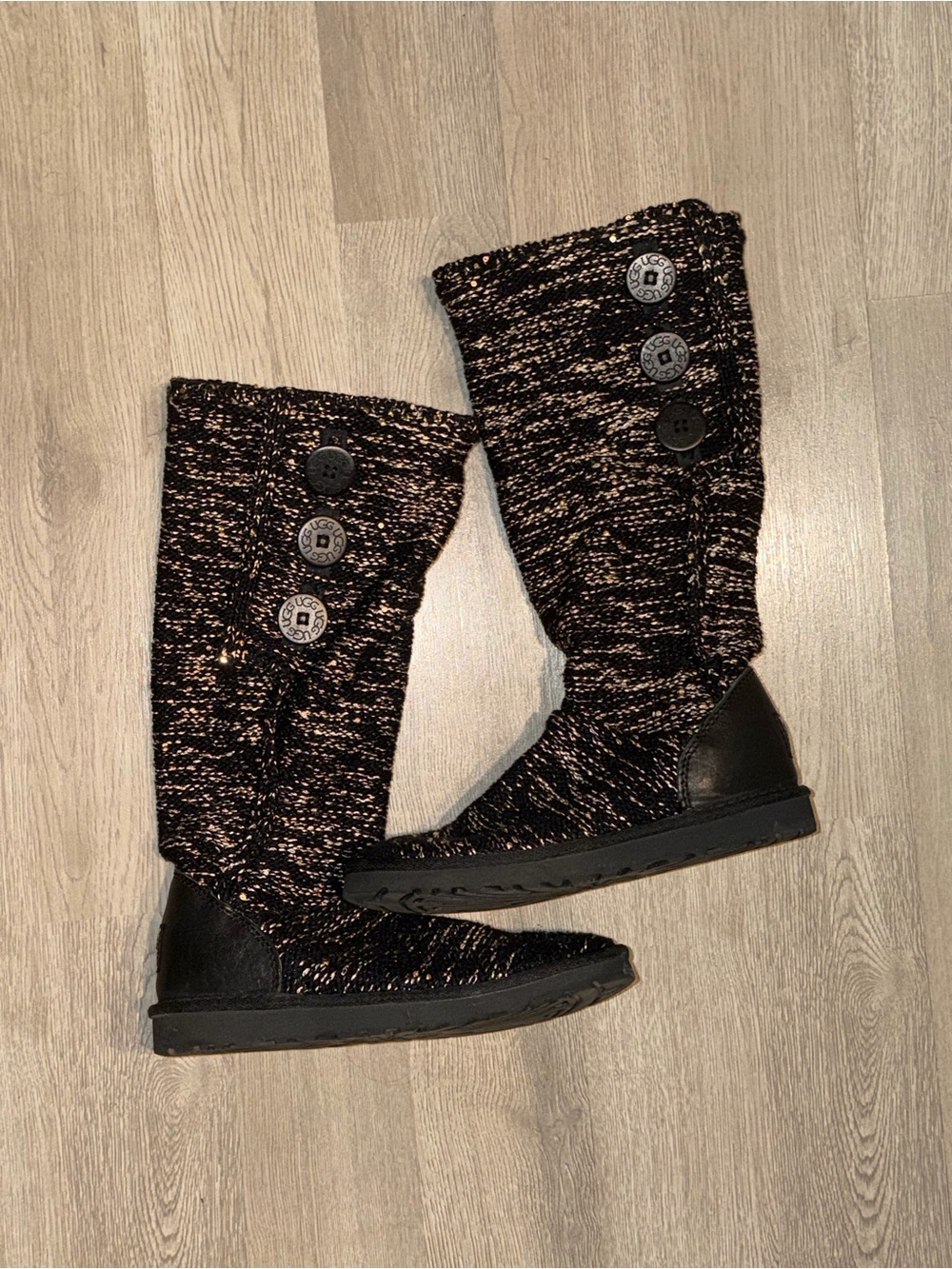 UGG Black and Gold Metallic Knit Button Boots
